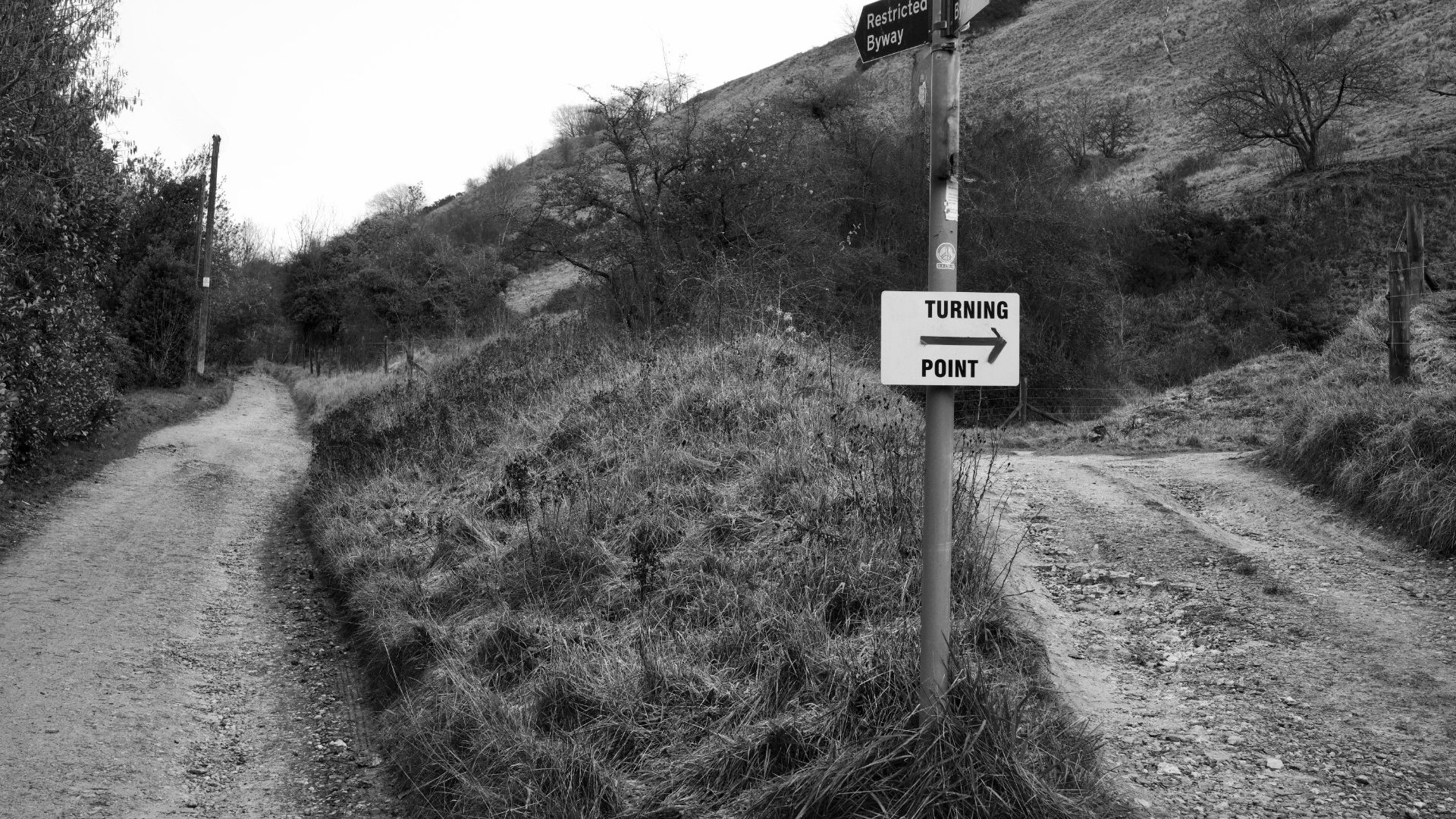 Splitsend pad met wegwijzers 'turning point' en 'restricted byway'. Keuze tussen schuld en schaamte.